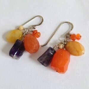 Vintage 80s Boho Barse Sterling Silver Amethyst Gemstone Beaded Dangle Earrings